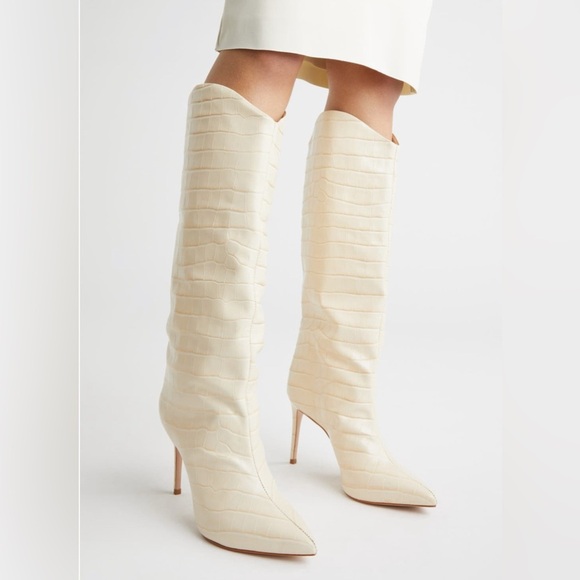 SCHUTZ Shoes - SCHUTZ Cream Heeled Boots with Croc-Embossed Texture